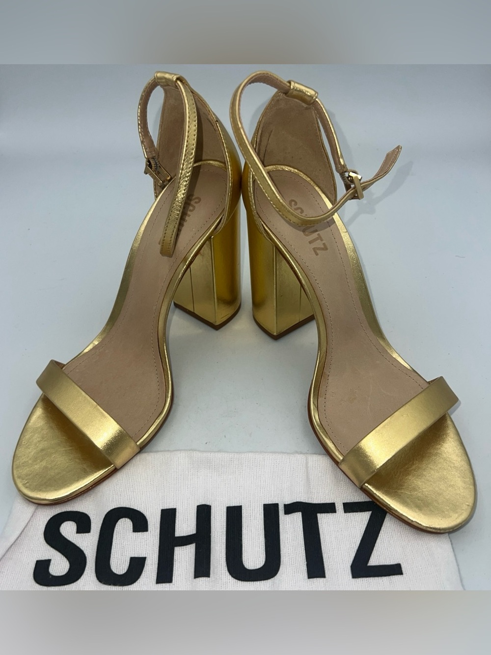 SCHUTZ Cadey Lee Leather Metallic Gold Block Heels Women’s Size 9 NEW W/dust Bag